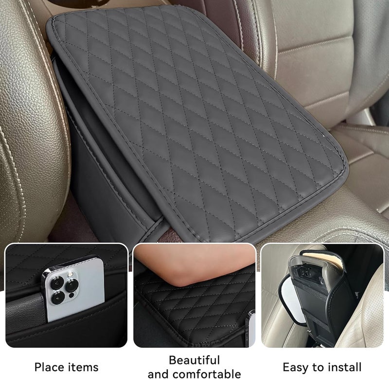 Tioollev Car Armrest Box Cover Diamond Quilted Grade Leather Console Organizer Car with Side Storage Pocket Universal Vehicle Middle Console Cover, Most Vehicle, SUV, Truck. (Gray) - Image 3